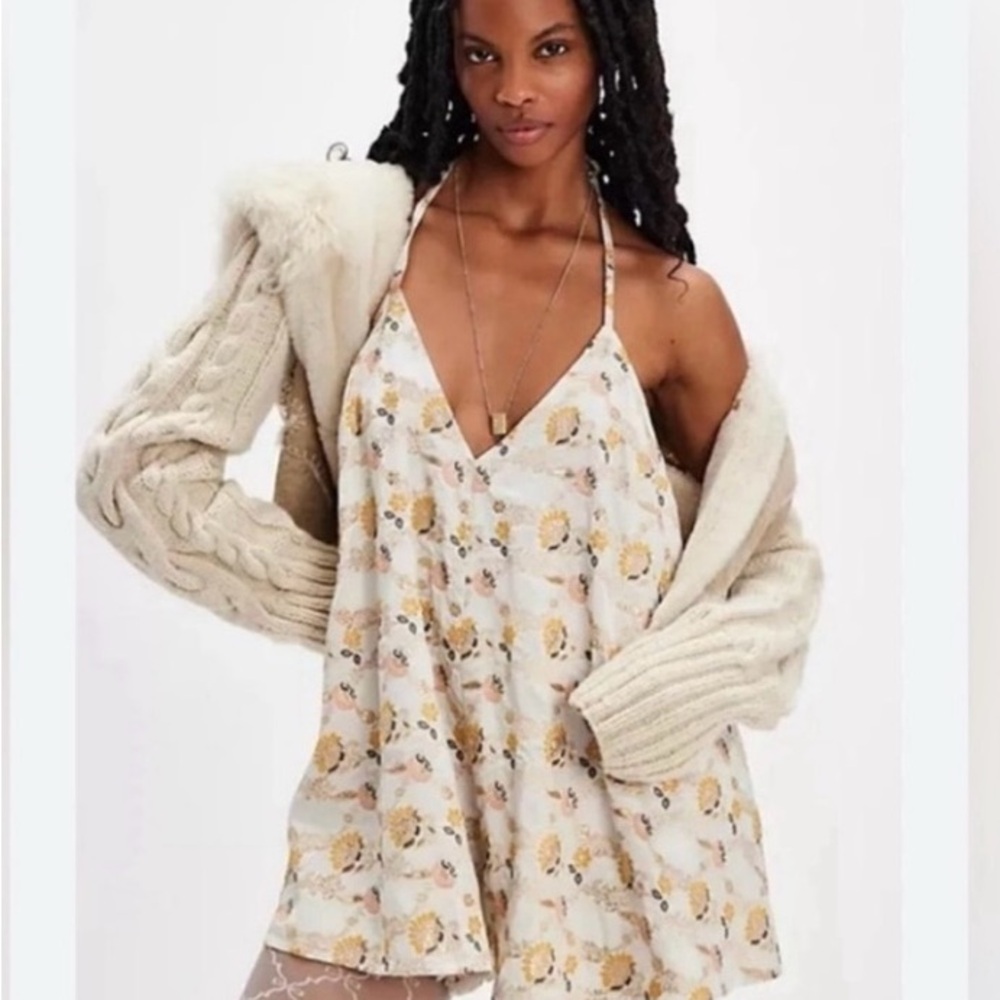 Free People Sparkle  Floral Print Romper with Cream Cardigan